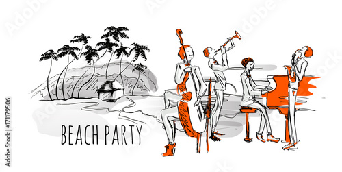 Jazz concert on the beach. Jazz band and sea shore with palm trees. Hand-drawn vector illustration, isolated on white background.