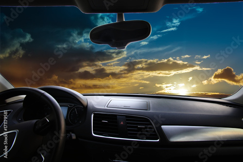 sunset from the interior of car