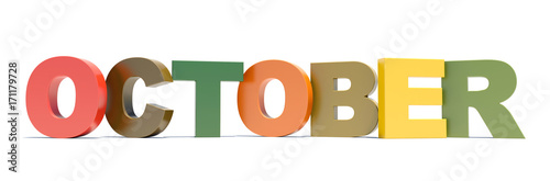 October - calendar month wide banner with colored letters on white background 3D rendering