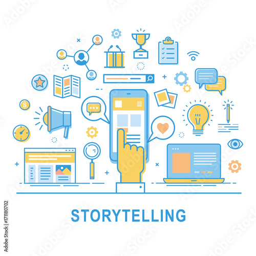 Storytelling vector. Illustration of building social media campaigns around stories, storytelling, producing ads. Storytelling concept for web banners and printed materials. Thin line design.