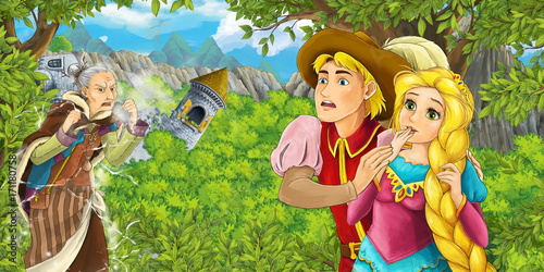 cartoon scene with beautiful princess and prince standing and looking shocked because of old scary witch
