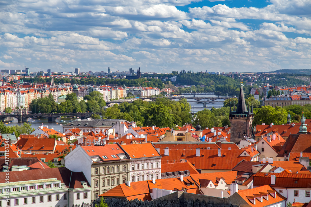Aerial view to Prague at summer daytime