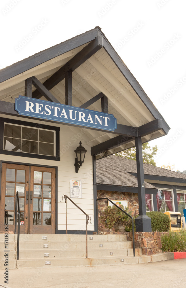 Obraz premium Front of rustic style restaurant, restaurant sign