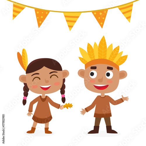 Happy thanksgiving day. Indian boy and girl isolated on white.