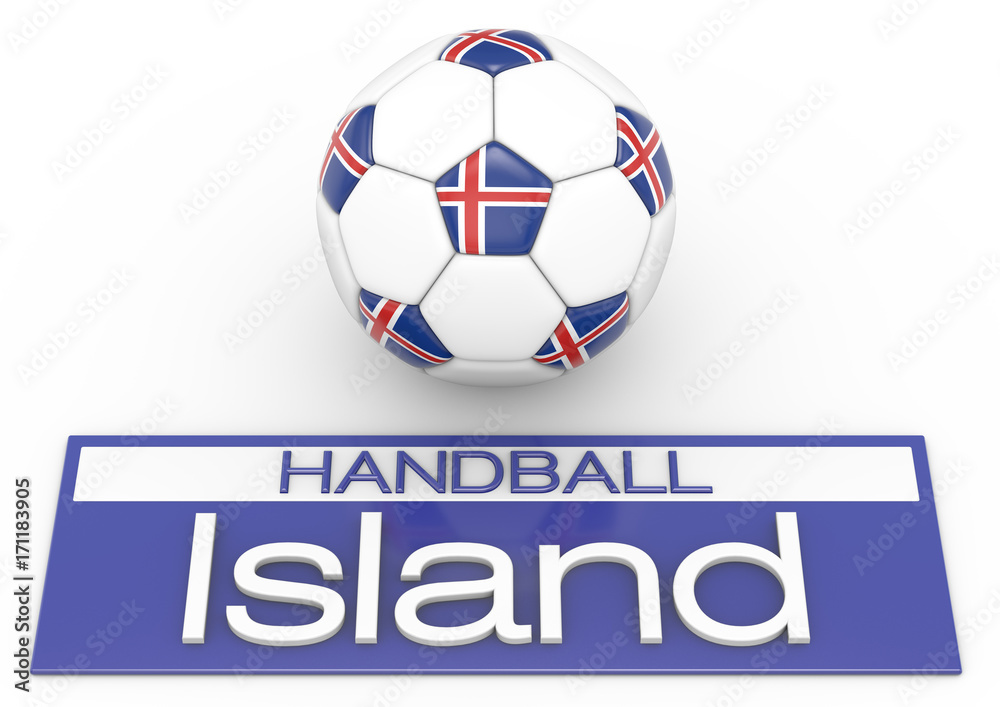 Handball mit Island Flagge, Deutsche Version 2, 3D-Rendering Handball mit Island Flagge, Deutsche Version 2, 3D-Rendering