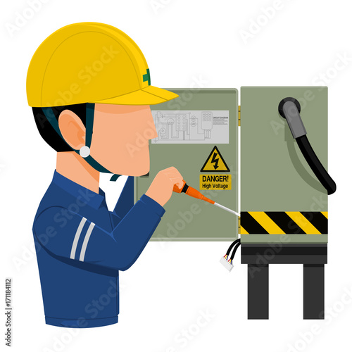 electrician is fixing the electric cabinet on transparent background

