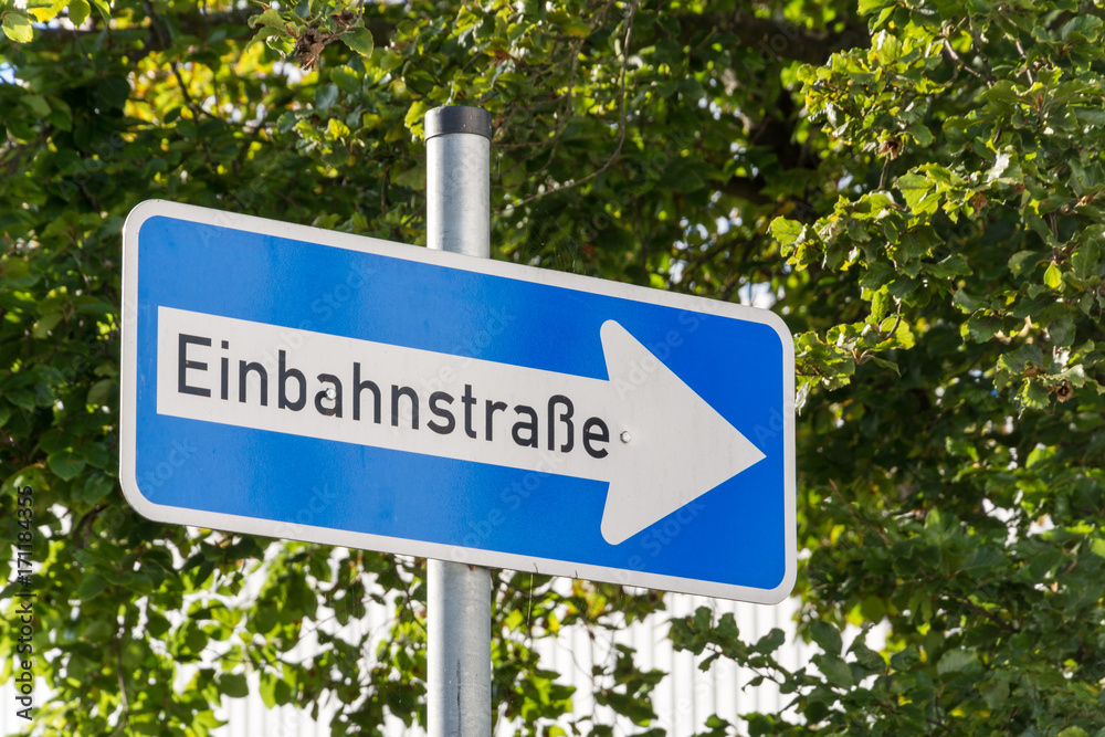 German One Way street sign with trees in the background