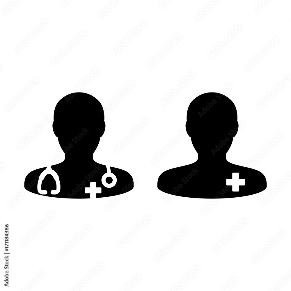 Doctor Icon with Patient or Medical Assistant Avatar in Glyph Pictogram Symbol illustration Doctor Icon with Patient or Medical Assistant Avatar in Glyph Pictogram Symbol illustration