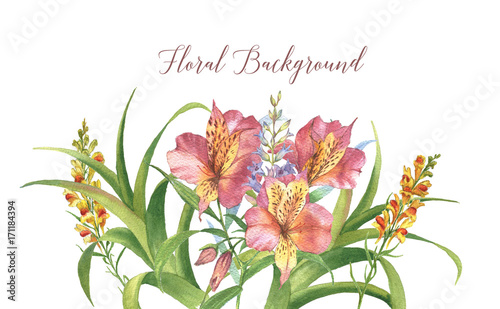 Hand-drawn watercolor floral tropical background with alstroemeria and tropical plants.  Floral template for greeting card, wedding invitation, advertisement, banner, poster, flyer.