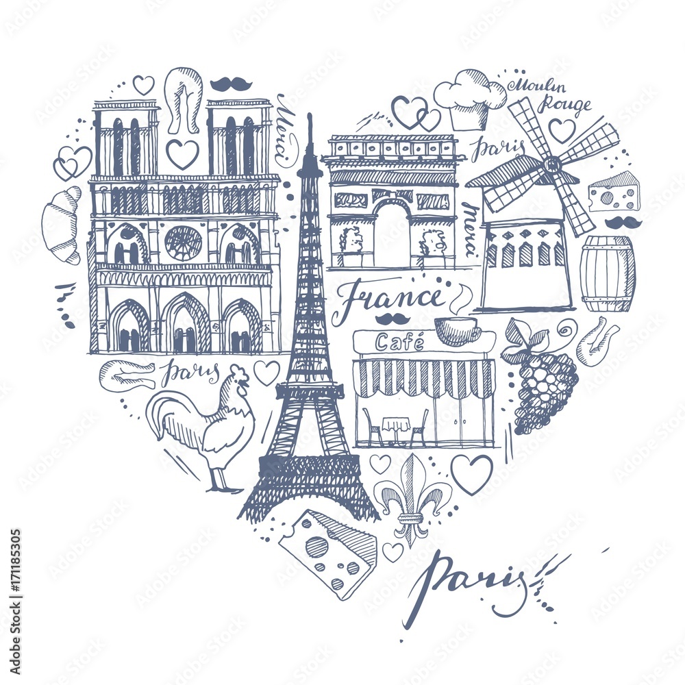 Obraz premium The sketches about France and Paris in the shape of a heart