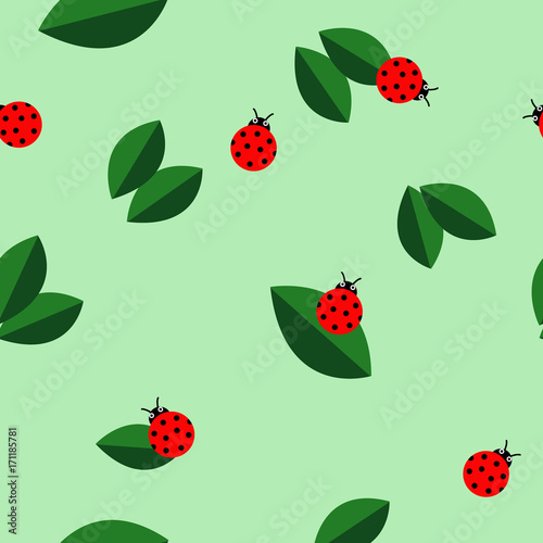 Ladybugs and leaves texture. Vector seamless pattern