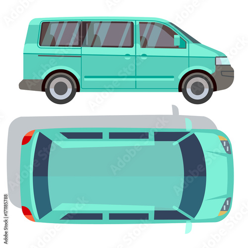 Vector flat-style cars in different views. Blue minivan