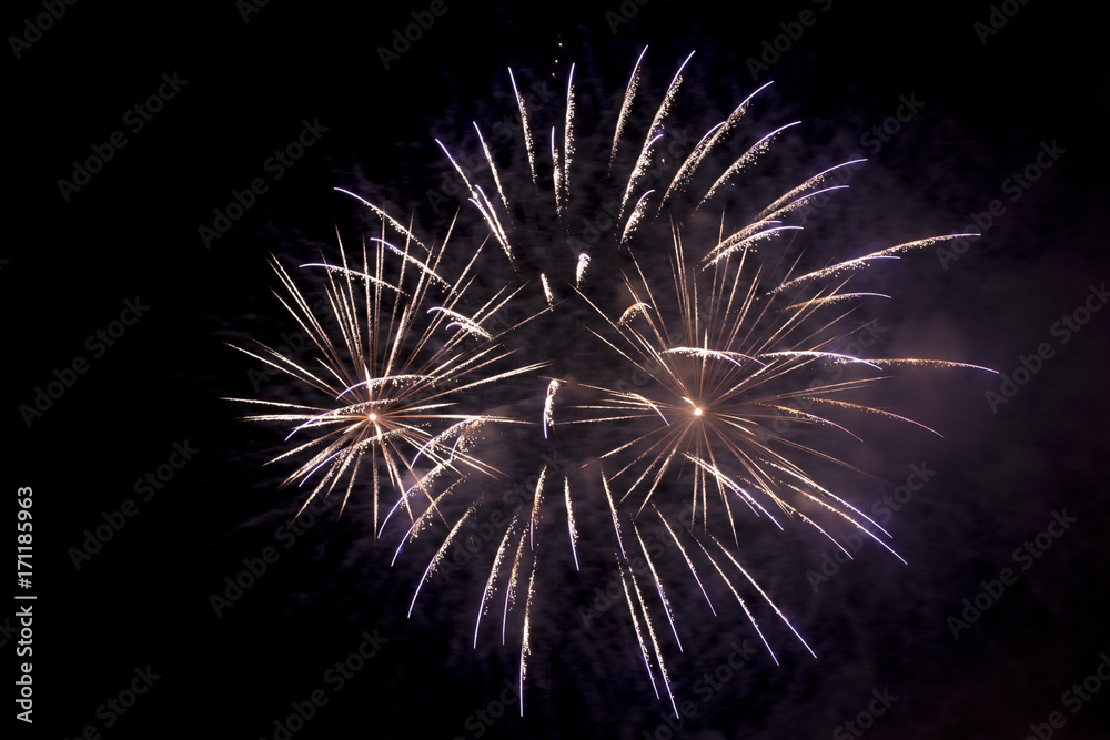 A golden and purple main firework with two small fireworks. A golden and purple main firework with two small fireworks.