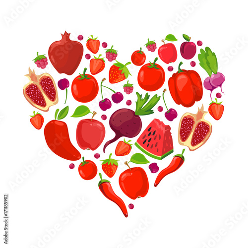 Heart shape of red fruits and vegetables