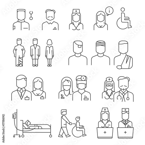 Hospital staff thin line icons set