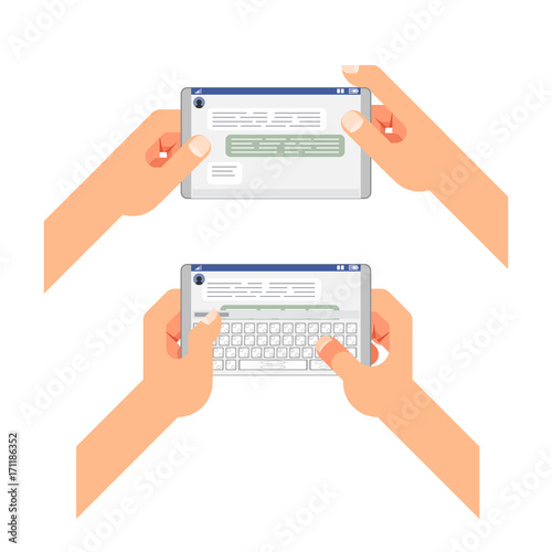 Accept reading type send message social messenger window chatting messaging mobile phone hands concept flat design vector illustration