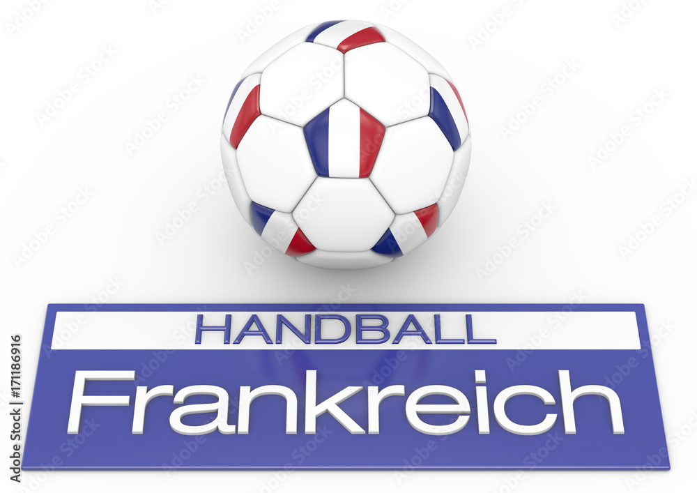 Handball mit Frankreich Flagge, Deutsche Version 2, 3D-Rendering Handball mit Frankreich Flagge, Deutsche Version 2, 3D-Rendering