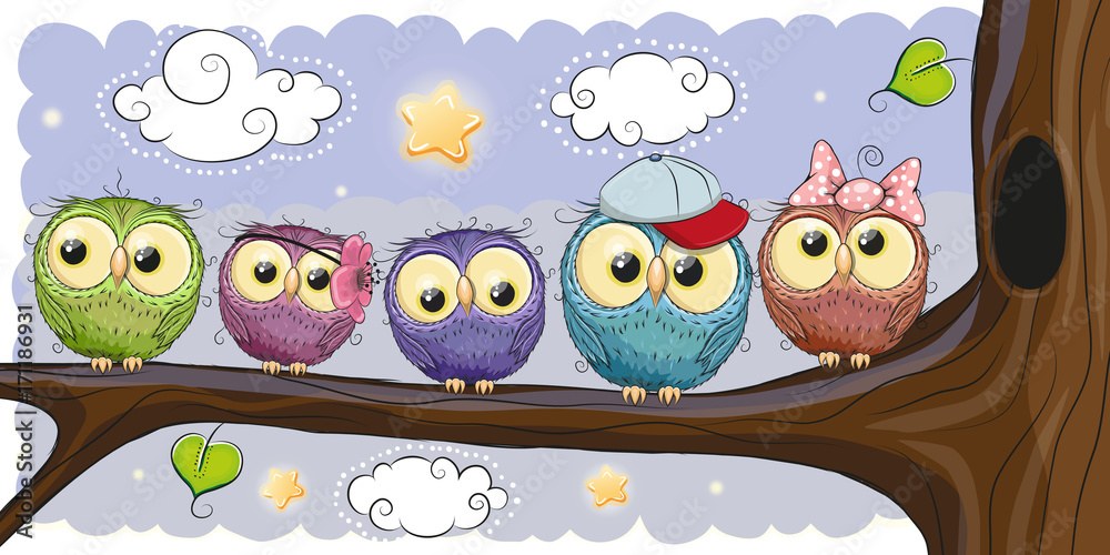 Obraz premium Five Owls siedzi na brunchu