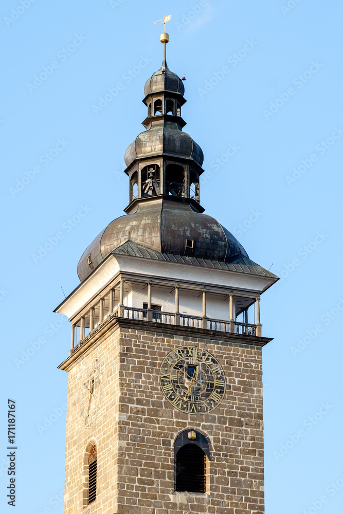 Φωτογραφία The top of the black tower, the dominant of the town Ceske Budejovice in the Cze