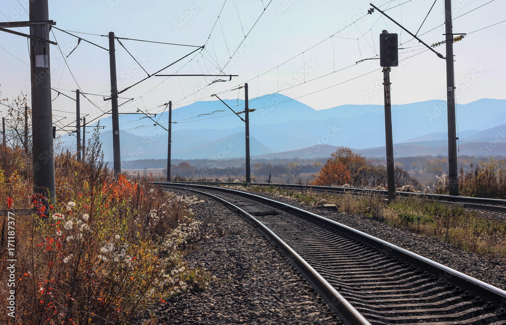 Railway, mountains, autumn scene
