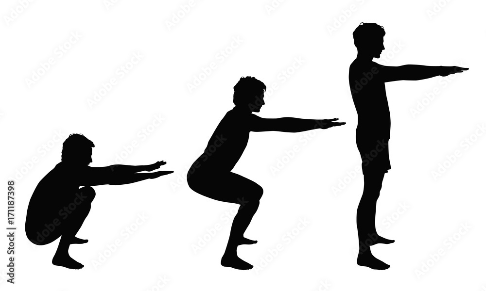Black vector silhouettes of young man showing right squat positions isolated on white background