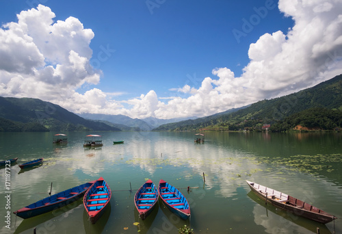 Colorful boats at the Phewa Lake, Pohara, Nepal