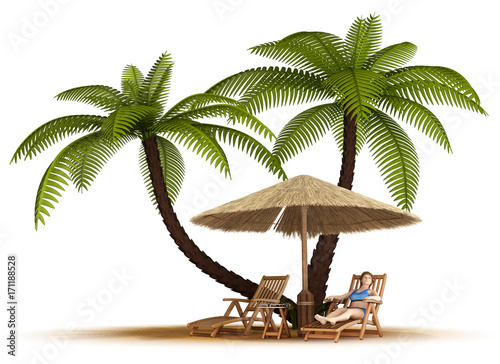 A girl in a swimsuit in a deckchair under an umbrella and a palm tree. 3d image isolated on white.