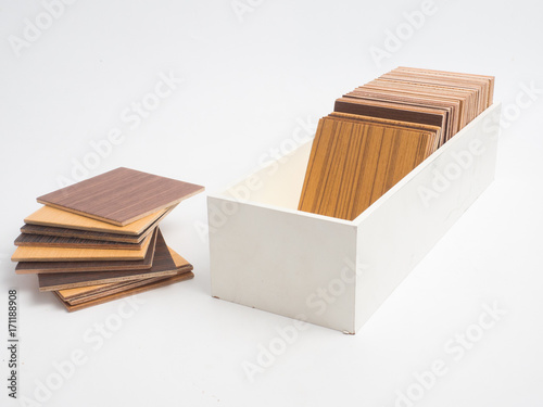 Samples of veneer wood on white background. interior design select material for idea.
