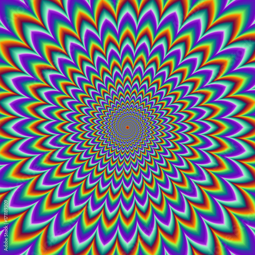 Pulsing fiery spirals. Optical illusion of movement.