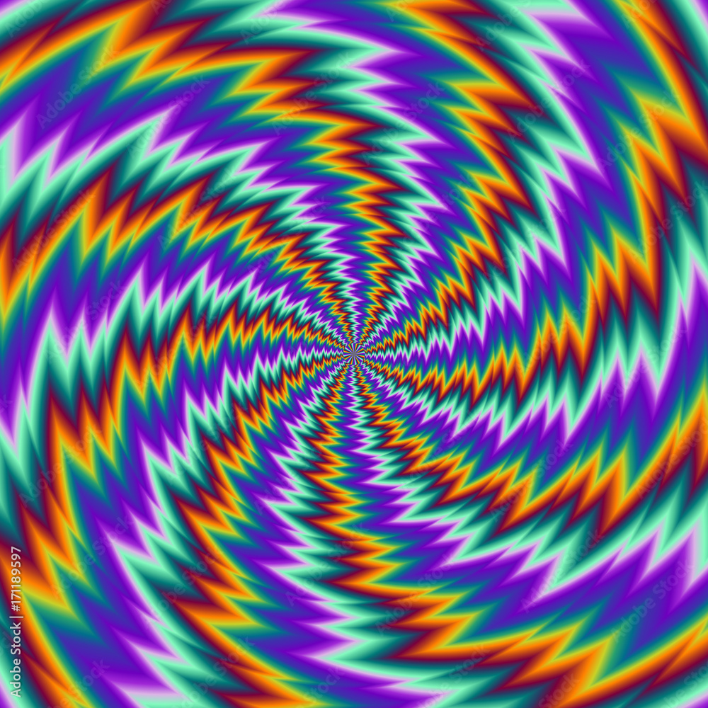 Pulsing fiery spirals. Spin illusion.