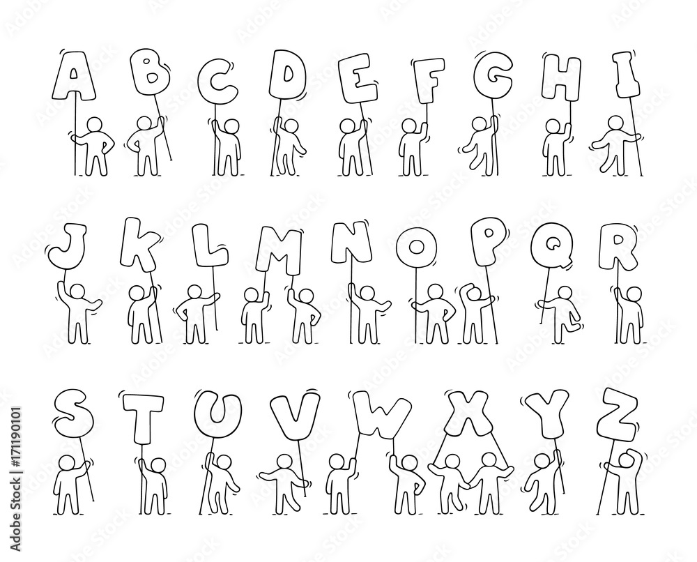 Cartoon icons set of sketch little people with letters.