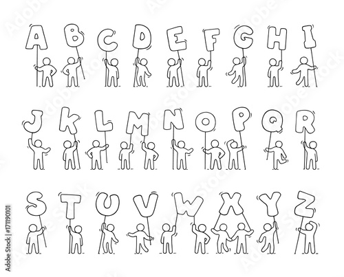 Cartoon icons set of sketch little people with letters.