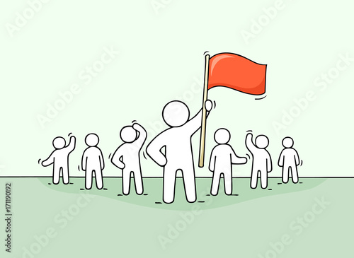 Sketch of working little people and leader with flag.