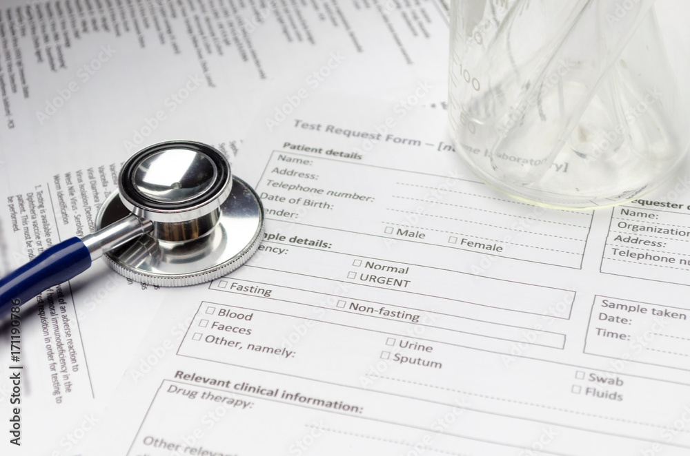 stethoscope, test tube, beaker and patient information form on desk, heart healthcare technology, medical diagnosis, medical report record, history patient concept, soft and selective focus stethoscope, test tube, beaker and patient information form on desk, heart healthcare technology, medical diagnosis, medical report record, history patient concept, soft and selective focus