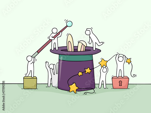Cartoon working little people with magic symbols.
