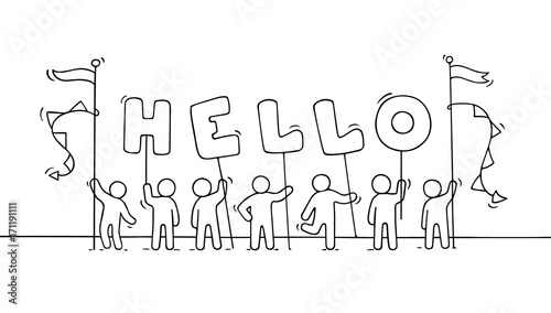 Cartoon working little people with word Hello.