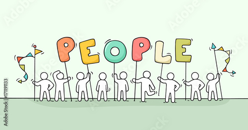 Cartoon working little people with word People.