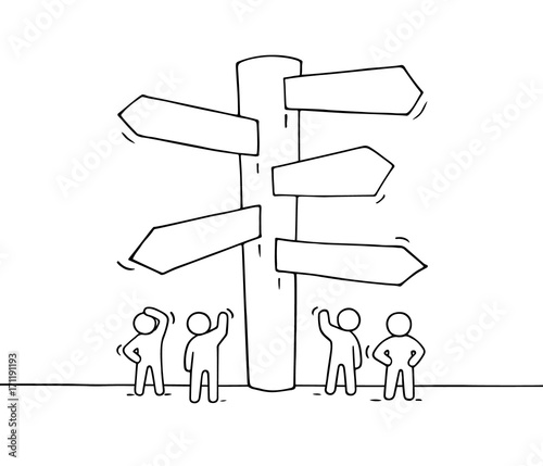 Sketch of working little people with road sign.