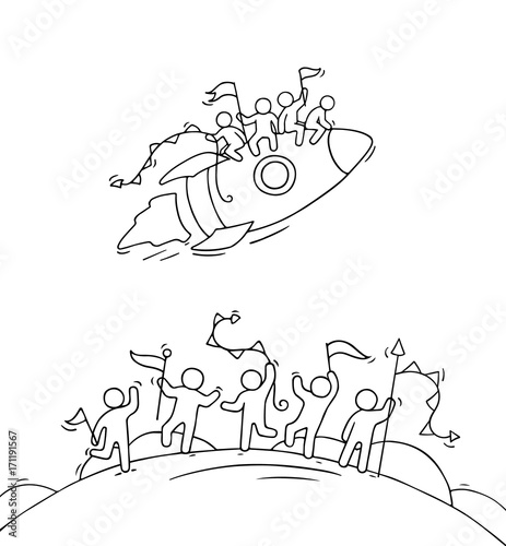 Cartoon happy little people with starting rocket.