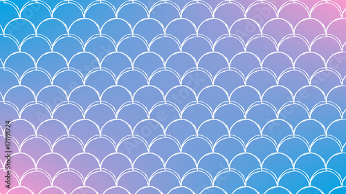 Mermaid scale on trendy gradient background. Horizontal backdrop with mermaid scale ornament. Bright color transitions. Fish tail banner and invitation. Underwater sea pattern. Blue, rose, pink colors