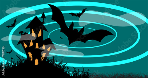 Vector Illustration of Halloween background - bat coming from a mansion 