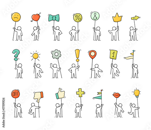 Cartoon icons set of sketch little people with life symbols.