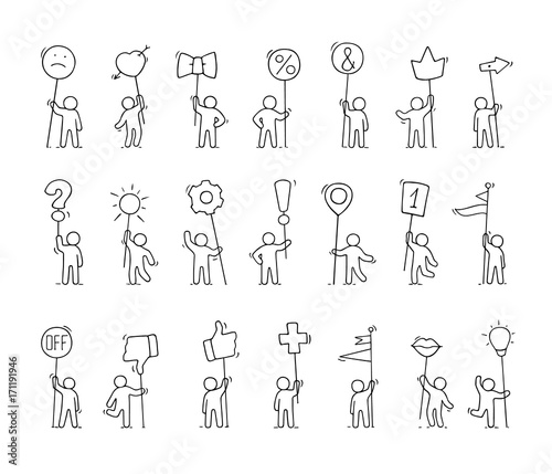 Cartoon icons set of sketch little people with life symbols.