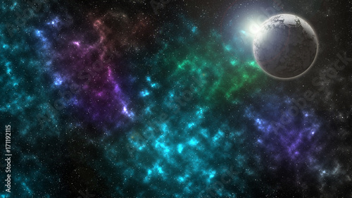 Starry outer space background texture. The sun is behind the dead planet. © Prot