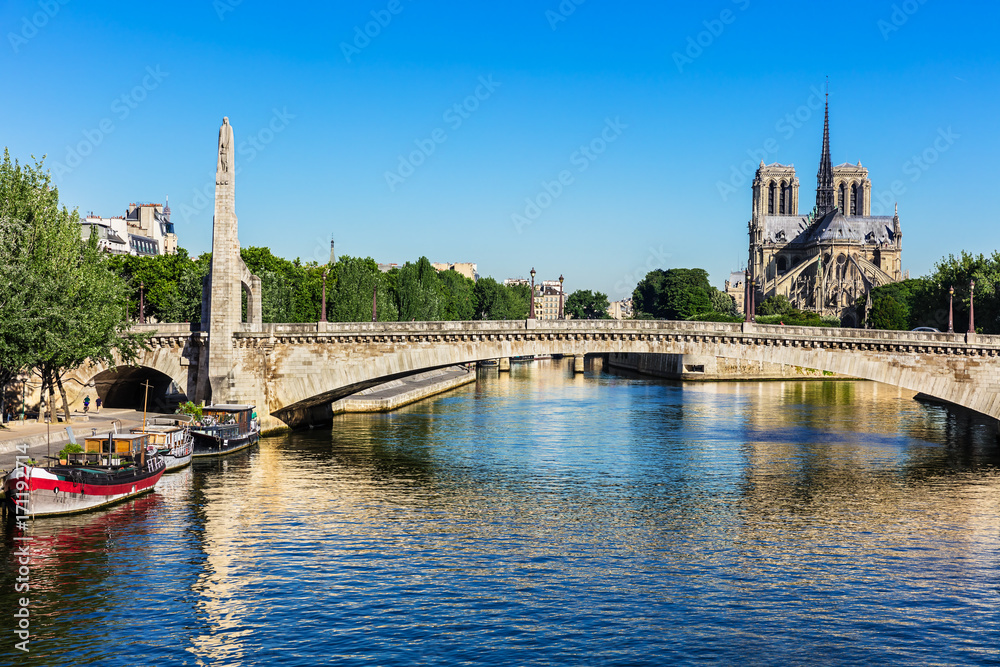 Fototapeta premium Tournelle bridge (Pont de la Tournelle) and Notre Dame de Paris Cathedral. Paris, France
