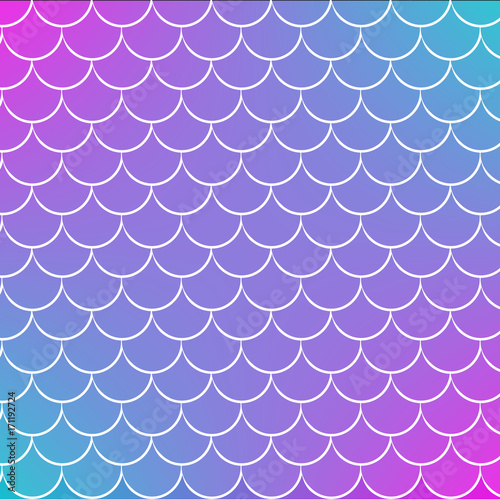 Mermaid tale on trendy gradient background. Square backdrop with mermaid tale ornament. Bright color transitions. Fish scale banner and invitation. Underwater sea pattern. Blue, purple, pink colors.
