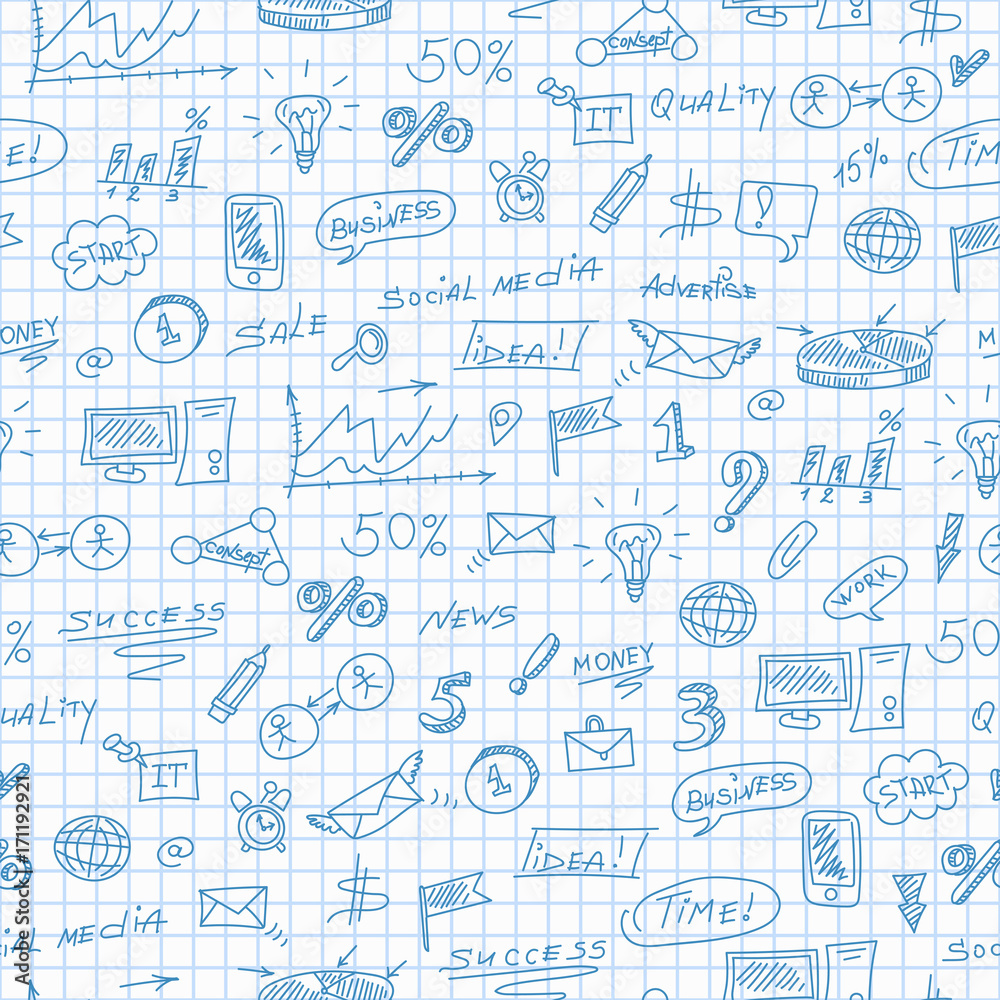 Seamless pattern on the theme of business , simple contour icons, blue contour icons on the clean writing-book sheet in a cage Seamless pattern on the theme of business , simple contour icons, blue contour icons on the clean writing-book sheet in a cage