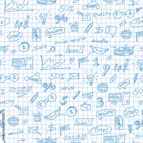 Seamless pattern on the theme of business , simple contour icons, blue contour icons on the clean writing-book sheet in a cage