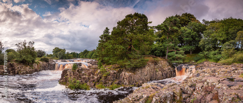 Panorama of Low Force Waterfalls   The River Tees cascades over the Whin Sill at Low Force Waterfall  as the Pennine Way follows the southern riverbank