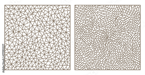 Set of abstract backgrounds contour stained glass, imitation of finely broken glass